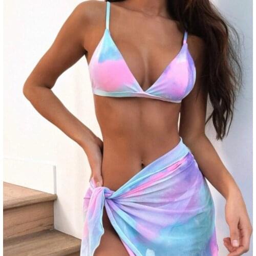 Summer Beach Swimwear bathing suits3 pieces Tie-dye Printed Cross-tie Chiffon Sexy Split Bikini Swimsuit Push Up Knotting