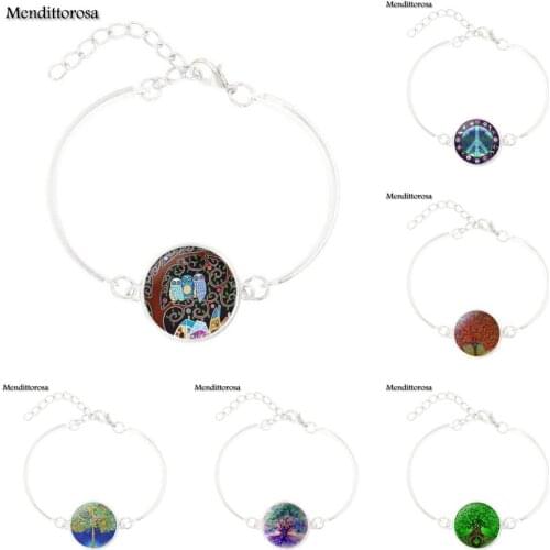 Mendittorosa Tree of Life Christmas Jewelry Silver Plated Glass Cabochon Bracelet Bangle For Wedding