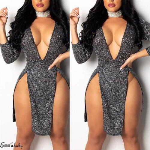 Fashion Casual Slim Solid Women Sparkly Deep V Neck Long Sleeve Bandage Bodycon Mini Dress Party Gown Clubwear Clothes