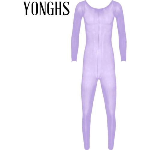 Mens Sexy Lingerie Glossy See-through Bodystocking Bodysuit Round Neck Long Sleeve Stretchy Leotard for Honeymoon Anniversary