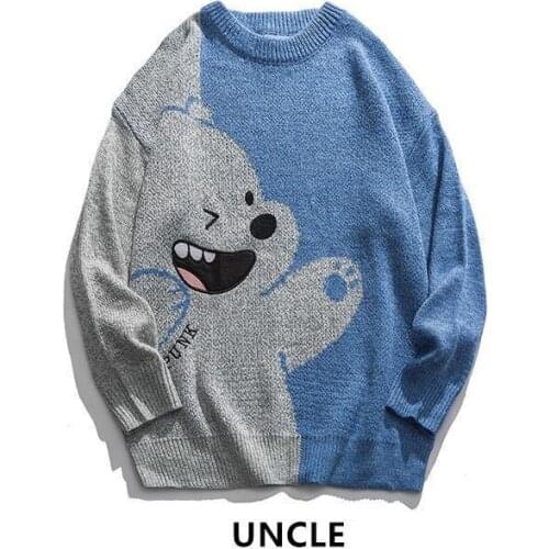 Autumn and winter new sweater male bear knit sweater cartoon color matching color trend hip hop loose ins shirt