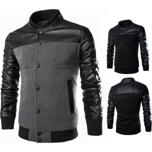 2020 new fashion PU leather splicing design mens sweater British slim standing collar jacket Y100