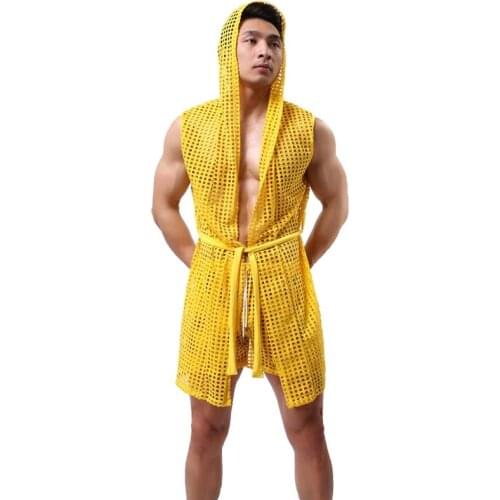 New Mens Pajamas Fishnet See Through Hooded Bathrobes Kimono Home Casual Sleepwear