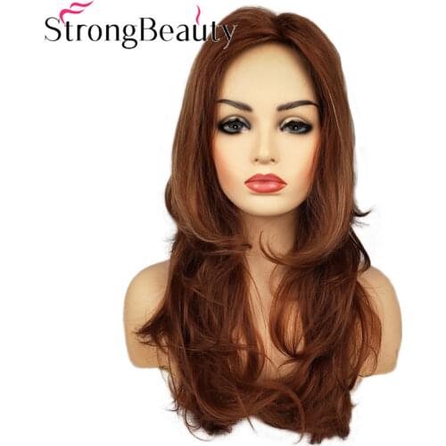 StrongBeauty Long Straight Wigs Orange/Brown Hair Womens Synthetic Wig Layered Cut Hair Middle Parting Natural Wigs