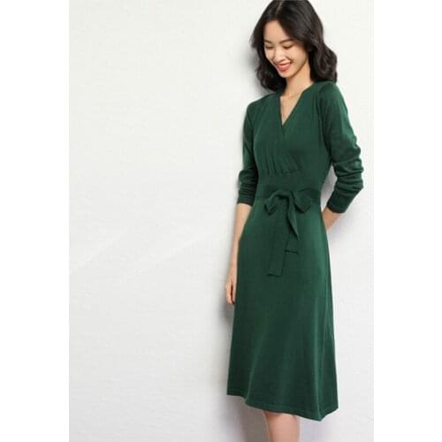 Sexy Wrap Dress Vintage Female Winter Midi Dresses 2018 Autumn Lace Up Cashmere Knitted Sweater Dress Women V-neck Party Vestido