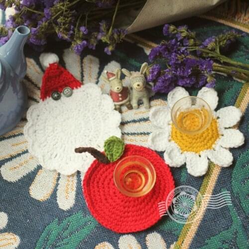 Full Set Handmade Mashmere Knitted Table Mat Idyllic Christmas Party Festival Dish Plate Mat Santa Apple Sun Flower Pads Crochet