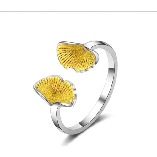 Japanese style simple yellow ginkgo literary leaf trend convenient opening silver plated rings SA002