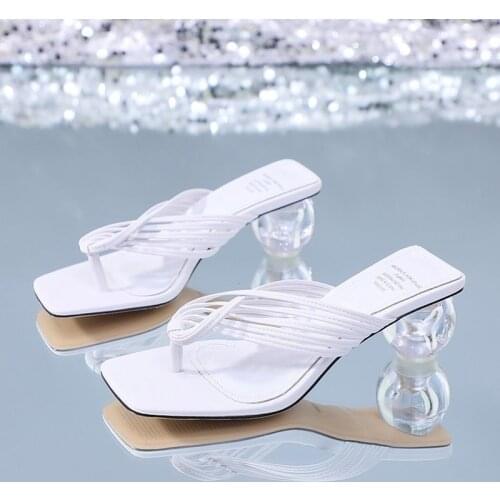 Summer Women Square Toe Slippers Flip Flop Ladies Fashion High Heels Sandals PU Leather Womens Casual Shoe Female Footwear2021