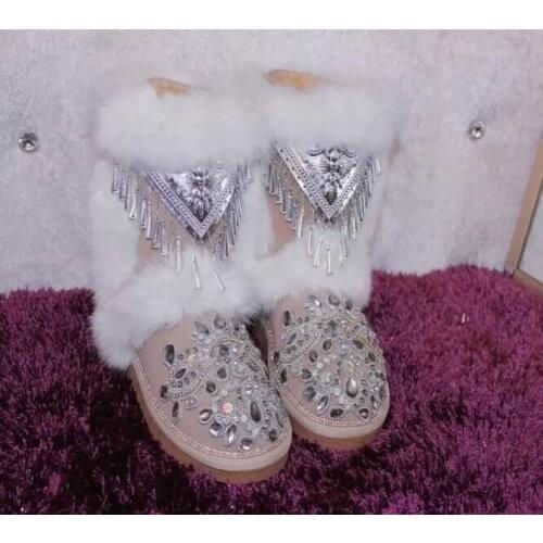 Handmade Silver Folk Bells Embellished Snow Boots Woman Real Fur Suede Leather Eskimo Super warm Bling Rhinestones Winter Boots
