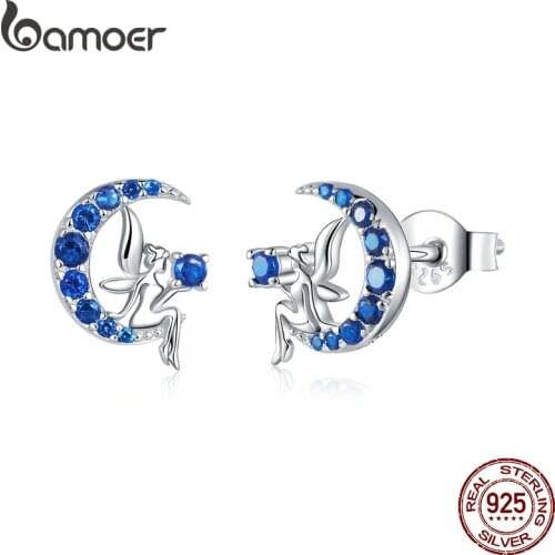 Bamoer Authentic 925 Sterling Silver Fairy on the Blue Moon Stud Earrings for Women Cute Anti-allergy Silver Jewelry BSE376