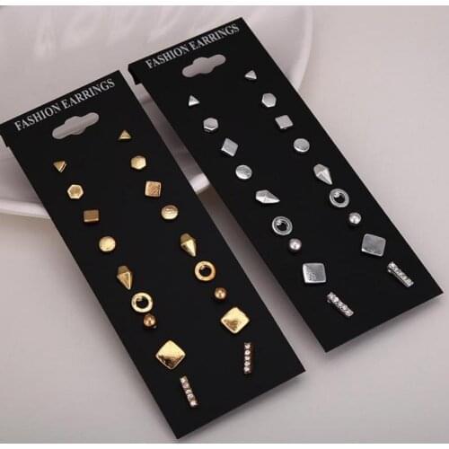 Utrend 9 Pairs/lot Stud Earrings Set Women Small Triangle Crystal Ear Studs Vintage Accessories Jewelry Boucle D'oreille Brinco