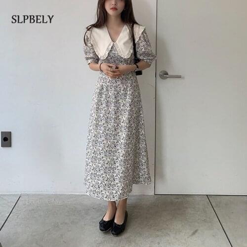 SLPBELY Women Slim Floral Dress V-Neck Small Fresh Romantic And Gentle French Honey Girls Dresses 2021 Summer Long Robe