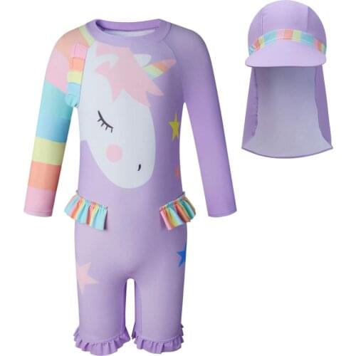 Vivobiniya Baby Girls One-Piece Swimsuits Toddler Rash Guard Set With Sun Hat Kids Long Sleeve Bathing Suits Clothes 18M-6Y