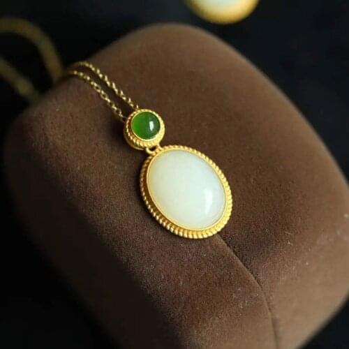 Necklace for Women Jade Pendant Sterling Silver Gilding Inlaid Natural Hetian Jade Egg Surface Pendant Ethnic Style Retro Clavic