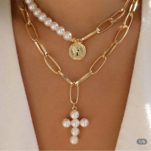 Punk Multi Layered Pearl Choker Necklace Statement Chain Virgin Mary Coin Cross Pendant Necklace Collar Women Jewelry Boho