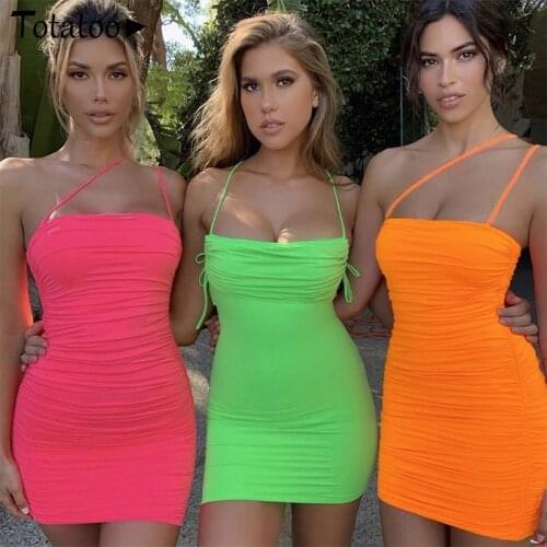 Totatoop Summer Neon Sexy Dress Women 2020 Spaghetti Strap Backless Ruched Bodycon Robe Mujer Party Skinny Vestidos