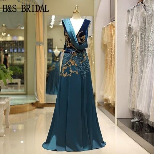 H&S BRIDAL Long Evening Dress V neck Sexy Beading woman evening dresses vestidos de fiesta Velvet gowns with belt