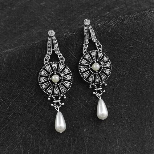 Retro Openwork Round Crystal Pendant Earrings Palace Style Windmill Shape Pearl Geometric Earrings Exaggerated Trend Jewelry