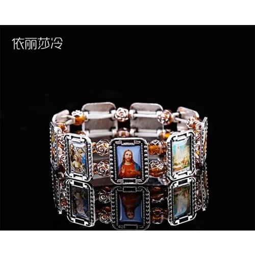 Elastic Alloy Beaded Bracelet, Small Square Catholic Saint Rosary Bracelet, Holy God Religious Icon Rose Bracelet