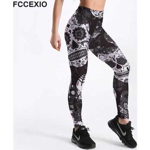FCCEXIO Leggings Fitness Slim Womens Black&White skull mas Legging Sexy Fashion Stretch Digital Print Pants Cool Trousers