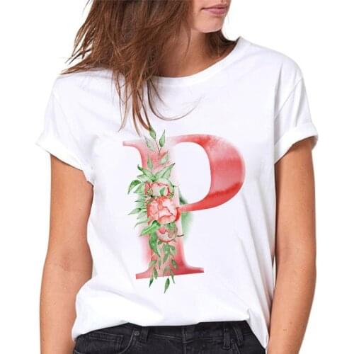 T-shirt Ladies harajuku 26 Alphabet Flowers P Print Women Tshirts Harajuku Casual White Female Tees Casual Summer tshirt femme