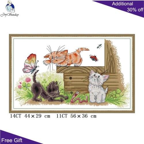 Joy Sunday Three Cats Flapping Butterflies DA514 Counted and Stamped Home Decor Kittens Animal Needlework Cross Stitch kits