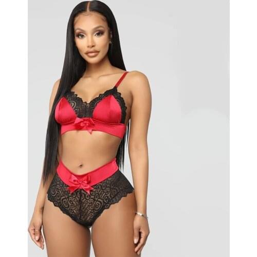 2Pcs Sexy Lingerie Set Women Lace Pattern Bow Satin Trim Straps Bra Set Halter Open Deep V Hot Erotic Underwear Sets