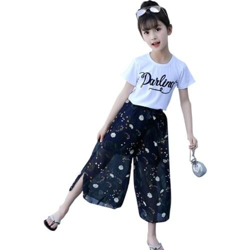 Baby girls summer clothes sets 4-13T kids cotton t-shirt+pants 2pcs/set loosen comfortable baby shirt ankel length trousers Tops
