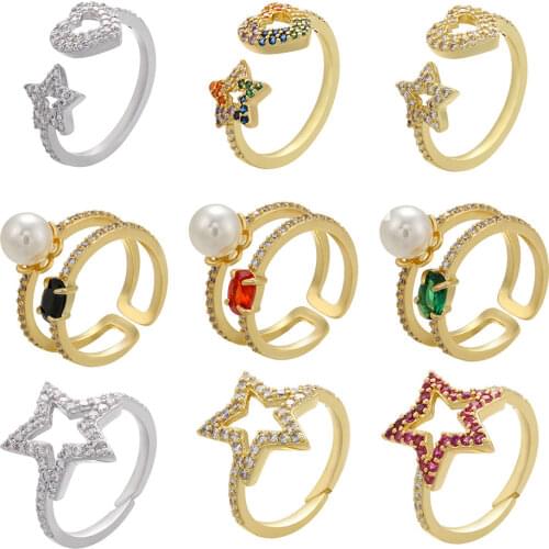 Korean Fashion Adjustable Opening of Micro-inlaid Zircon Series Rings for Women Pearl/Pentagram/ Love Ring Variety of Options