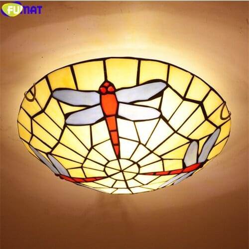 FUMAT Tiffany Round Ceiling Lamp Red Dragonfly Stained Glass Classical Art Decor For Bed Study Hotel Room Balcony Aisle Lights