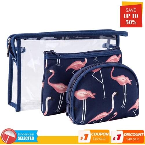 3 Piece Flamingo Womens Cosmetics Storage Bag Set Waterproof Transparent PVC Washing Mini Travel Bag Makeup Organizer