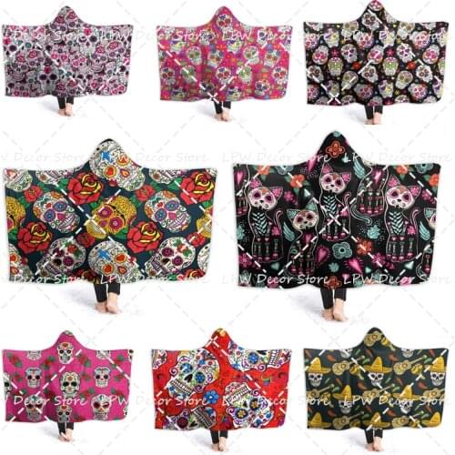 Sugar Skull Hoodie Blanket Wearable Anti-Pilling Throw Blankets Plush Warm for Couch Blanket Hooded for Adults Men Women Teens