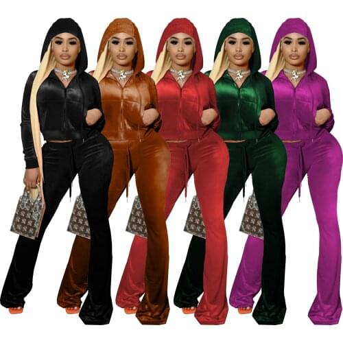 Autumn Women Hooded Tracksuit Two Piece Set Zipper Jacket Coat And Long Flare Pants Solid Color Streetwear Clothes For Women