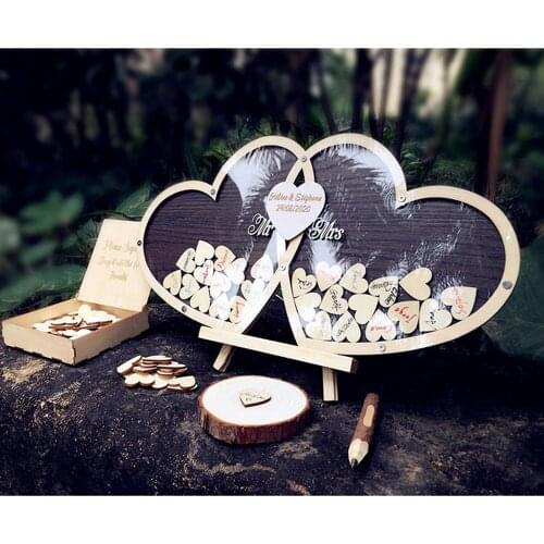 Personalized Twin Hearts Wooden Drop Box Wedding Guest Name Frame With 100Pieces Hearts Decor Custom guestbook alternative 3D