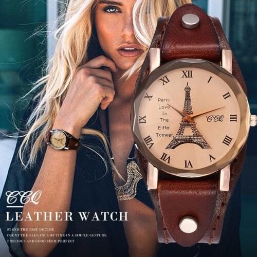Hot Women Men Genuine Vintage Cow Leather Eiffel Tower Watch Luxury Casual Quartz Wristwatches CCQ Brand Clock