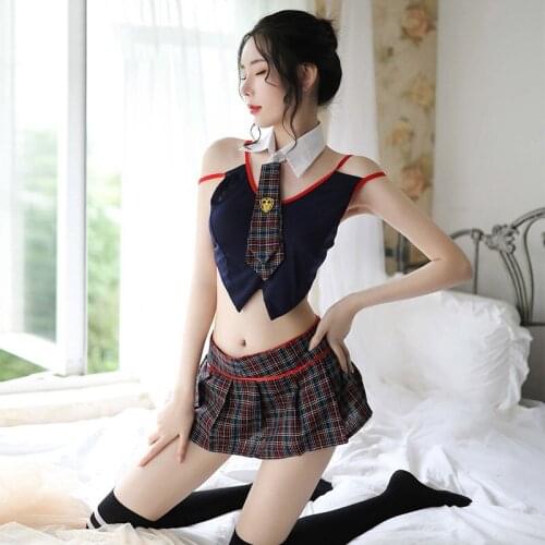 Sexy Lingerie Halter Straps Bow British College Style Uniform Student Suit Kawaii Flight Attendant Schoolgirl Costume Cat kawaii