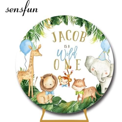 Sensfun Safari Jungle Round Backdrop Cover Green Leaves Animals Lion Elephant Kids Wild One Birthday Party Circle Background