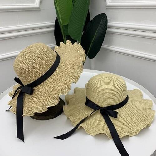 Cheap Straw Hat Woman Journey Ribbon Wave Edge Sunscreen Sun Hat Ma'am Panama Raffia Straw Hat Straw Beach Hat