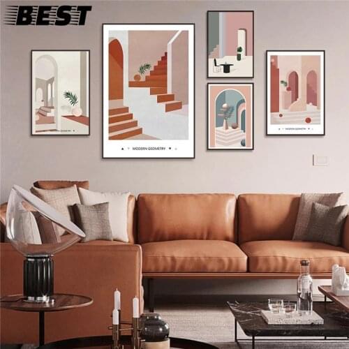 Scandinavian Geometric Abstract Canvas Painting Pink Green Plant Landscape Wall Art Poster Pictures for Living Room Home Decor