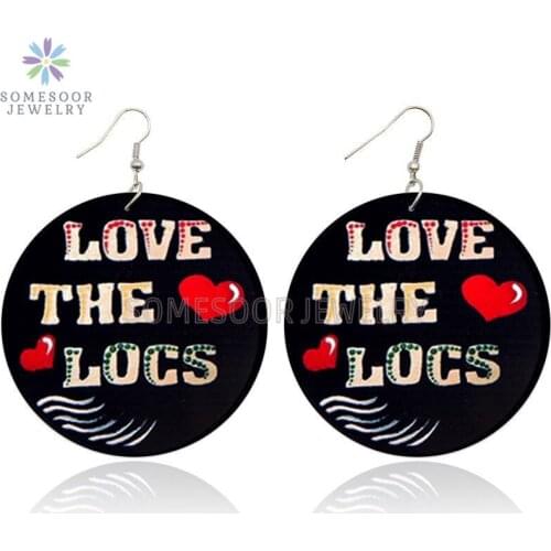 SOMESOOR Front Black Printed Love The Locs Wooden Drop Earrings Black Afro Arts Design Loops Dangle Jewelry For Women Gifts