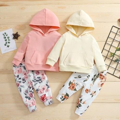 0-24M Newborn Baby Boy Girl Long Sleeve Pocket Hooded Sweatshirt Tops Floral Long Pant Trouser Headband 3PCS Autumn Clothes Set