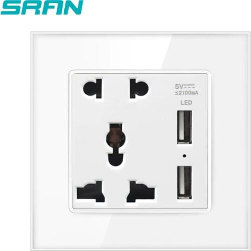 SRAN universal 5 pin power socket with USB,dual usb port 5V 2.1A colorful crystal tempered glass panel 86mm*86mm wall usb socket