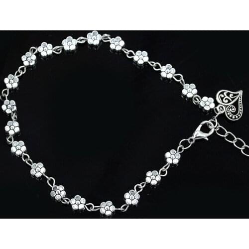 Vintage Full Plum Blossom Chain Hollow Engraved Love Heart Pendant Ethnic Style Adjustable Bracelets For Women