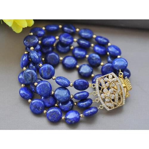 Z10077 Natural 4Row 8" 12mm Blue lapis lazuli Coin Bracelet CZ