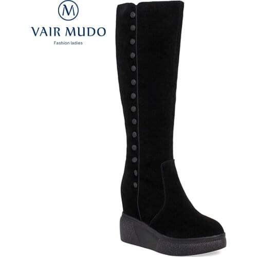 Cow Suede Knee-High Boots Shoes Women Wedges Winter Boots High Quality Elegant Shoes Footwear Black 2020 New Lady ZT76L