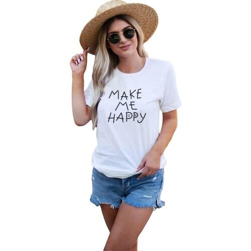 SXYTXE Women Loose Short Sleeve Crew Neck Make Me Happy Printed T-Shirt Basic Graphic Casual Fitted Cotton Tops
