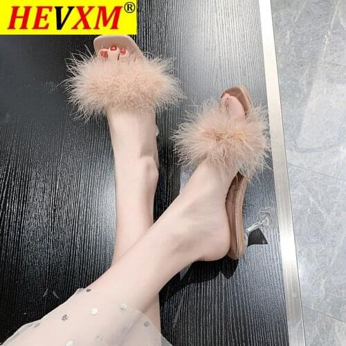 Ladies Sandals Feather Crystal High Heel Sandals Slippers Women High Heels Flip Flops Square Toe Slippers Party Shoes Women 2021