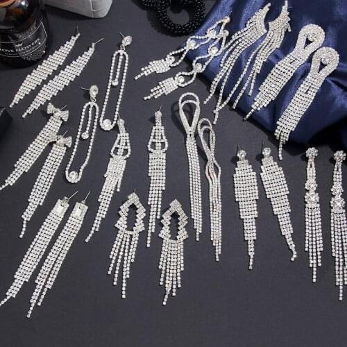 Flatfoosie Luxury Crystal Long Tassel Drop Earrings For Women Silver Color Rhinestone Statement Earrings Bridal Wedding Jewelry