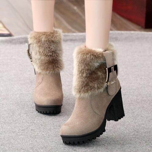 2020 Square heel women winter shoes classic buckle warm fur snow ladies boots high heels black platform ankle boots women botas