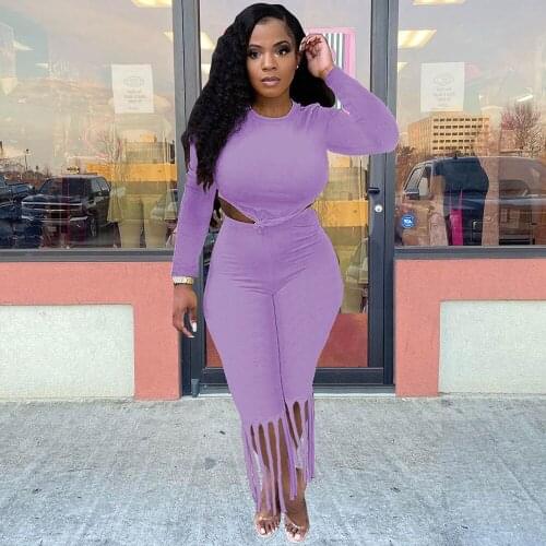 Womens Tracksuit Early Autumn Long Sleeve Irregular T-shirt Tops and Bodycon Tassels Trouser Sweet Girls 2 Two Piece Outfits